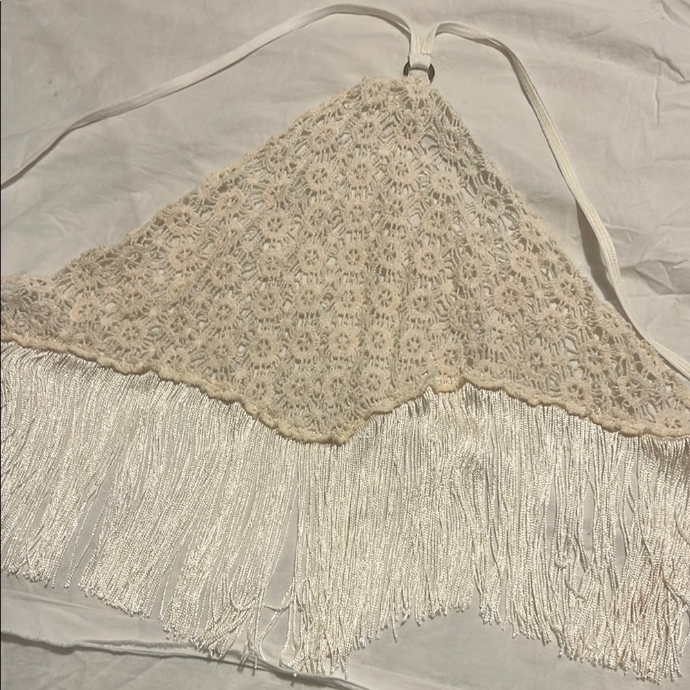 Elegant Cream Lace Fringe Halter Top